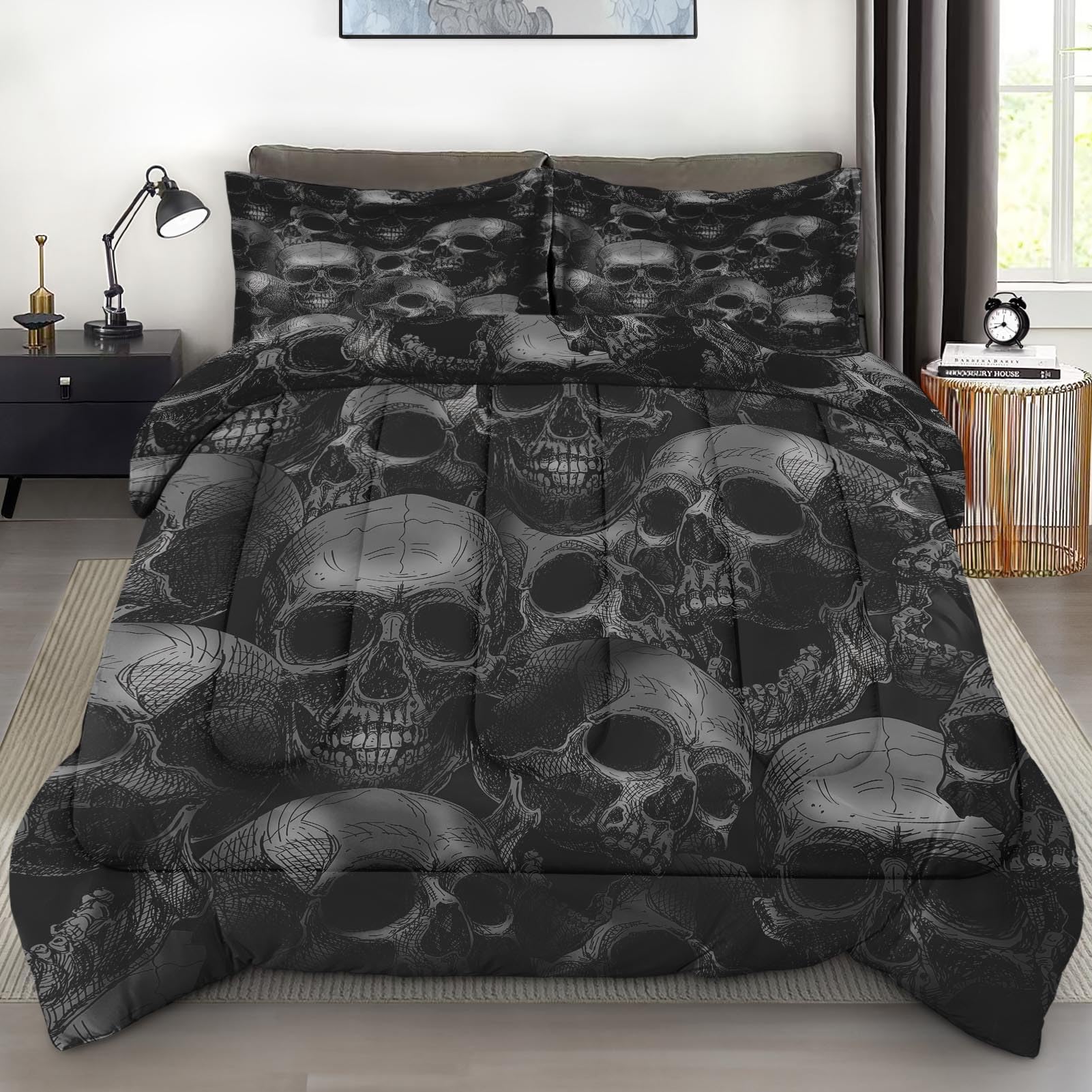 Pamnest Comforter Set Full Size, Skull Skeleton Soft 3 Pcs Bedding For Kids And Adults, Spooky Horror Gothic Comforter Set With